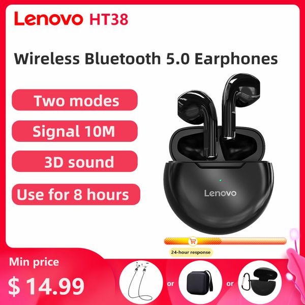 

original lenovo ht38 tws earphone wireless bluetooth headphones ai control mini headset stereo bass with mic noise reduction