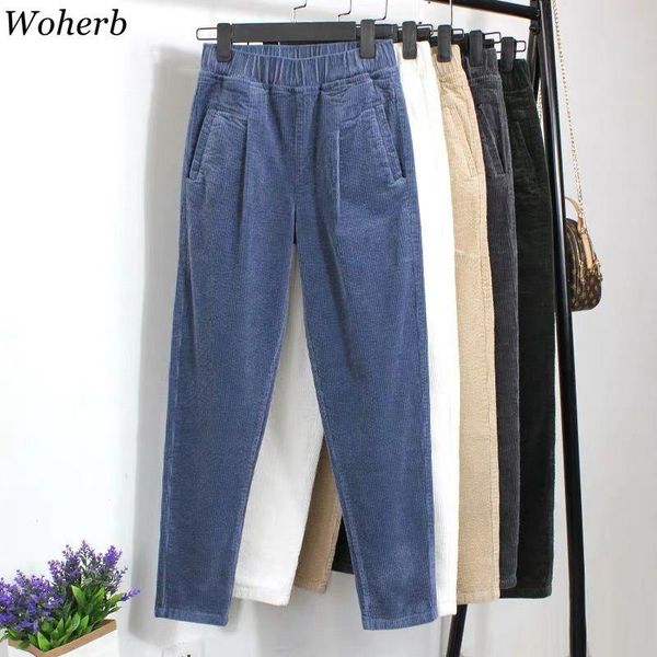 

women's pants & capris woherb autumn winter corduroy trousers women elastic high waist harem casual fashion solid color plus size s-6xl, Black;white