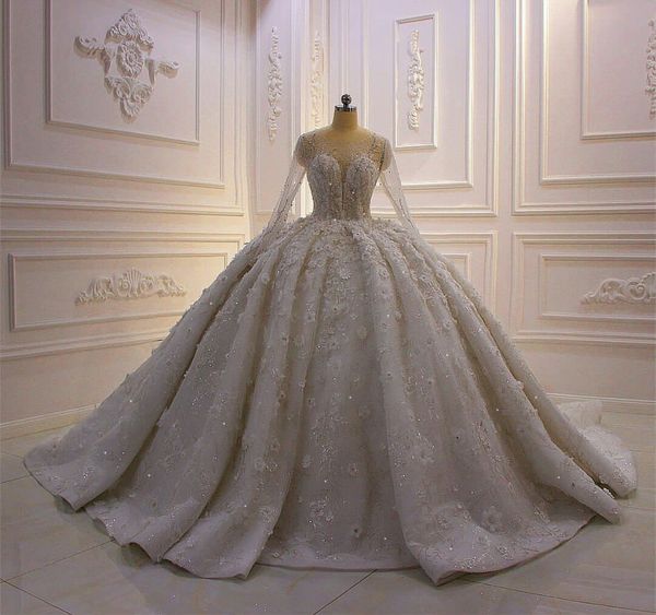 

luxury 3d floral appliques ball gown wedding dresses sheer neck long sleeve lace sequins bridal gowns sweep train wedding robes de soirÃ©e, White