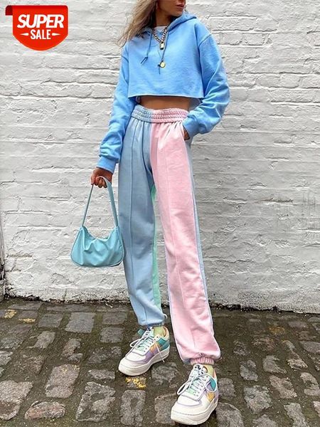 

2020 autumn new fashion personality macaron mixed color casual pants girly feeling all-match elastic high waist slim pants dye #e04x, Black;white