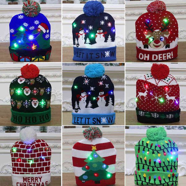 LED-Weihnachtsmütze, Pullover, Strickmütze, Weihnachtsbeleuchtung, Strickmütze, Weihnachtsgeschenk für Kinder, Weihnachten 2021, Neujahrsdekorationen Y21111