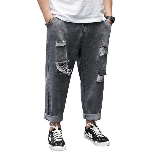 

men's jeans retro harajuku straight baggy denim holetrouser male casual trendy streetwear ankle-length pants wide-leg hip, Blue