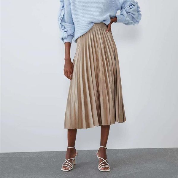 

women skirt 2021 new fall/winter high waist mid-length skirt women silk satin texture pleated, Black