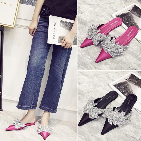 

new fashion slipper series pointed toe flat with crystal lady shoes for summer woman outside slides cozy, Black