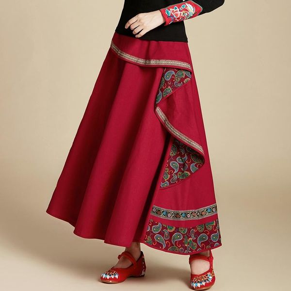 

skirts women ethnic style skirt female autumn winter vintage hippie original boho long black red patchwork embroidery midi 11743