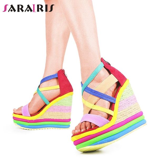 

sandals sarairis zipper mixed color platform open toe women wedges leisure casual ladies shoes, Black