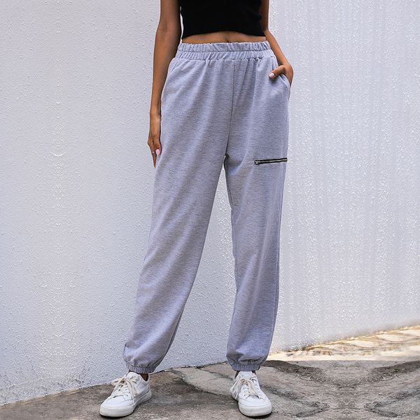 

2021 autumn fake zippers straight sweatpants trousers soft solid color casual home high waist pants for women new fashion ythe, Black;white