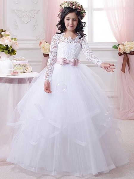 

girl's dresses flower girl beads applique girls pageant long sleeve princess children birthday gowns, Red;yellow