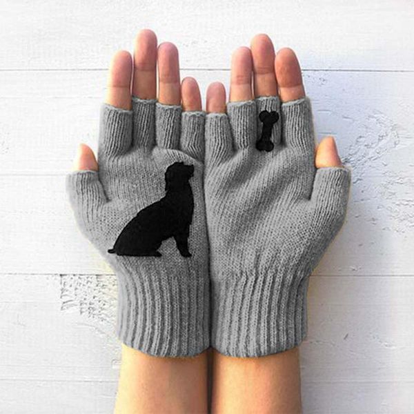 

five fingers gloves 1pair women girls lovely winter warm ladies woolen autumn and outdoor dog bones printing, Blue;gray