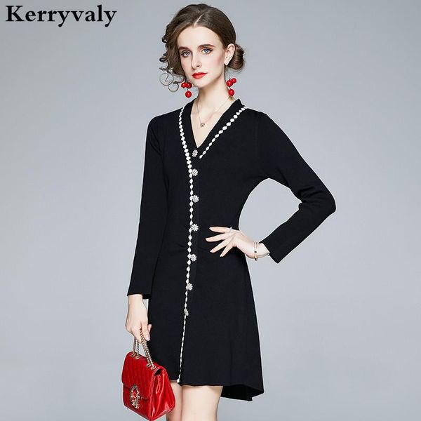 

casual dresses french style graceful hepburn black jersey dress robe femme t 2021 slim-looking v-neck button long sleeve pull k6967, Black;gray