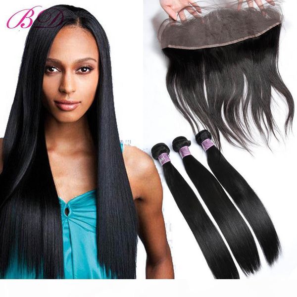 

bd straight lace frontal human hair lace closure silky straight human hair weave bundles within lace frontal, Black;brown