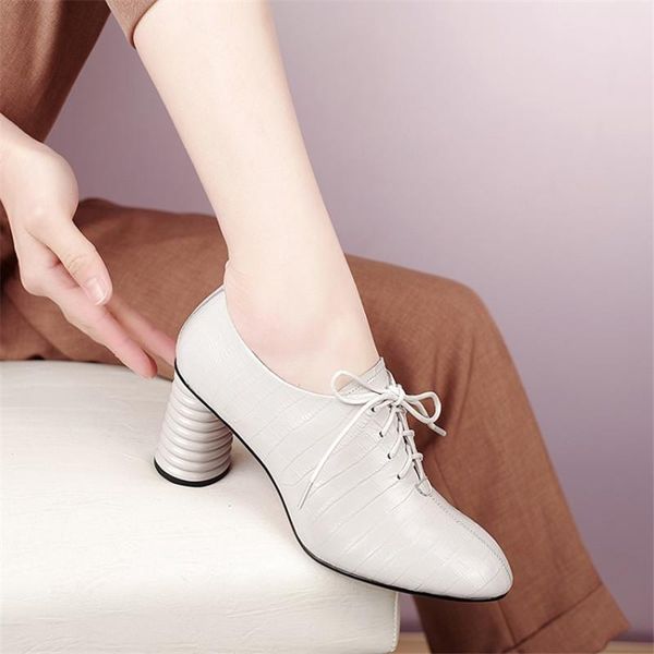 

dress shoes pxelena natural genuine leather women strange high heels pumps plus size 34-41 round toe lace up office lady, Black