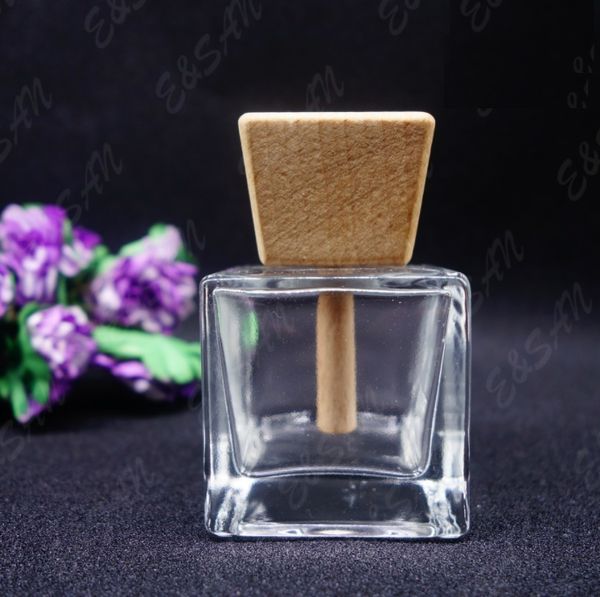 50 ml 50g de fragrância de vidro garrafas de difusor de forma quadrada com tampa de madeira perfume claro de óleo essencial de óleo de óleo de refrescante de ar da sala