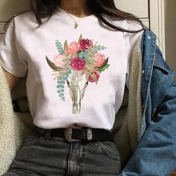 

women t shirt womens graphic heifer skull floral printing mujer camisetas casaul print clothes lady tees female t-shirt, White