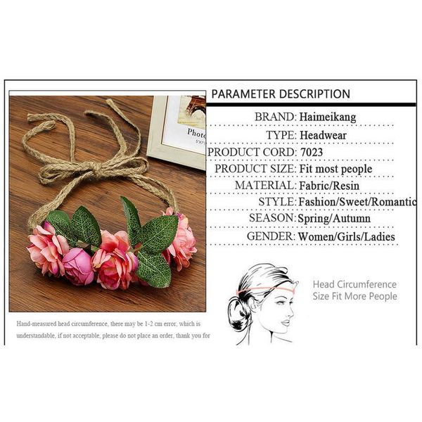 

haimeikang wreath head flower wrist flower crown adjustable ornament fabric rope rattan simulation flower head qylcth, Silver