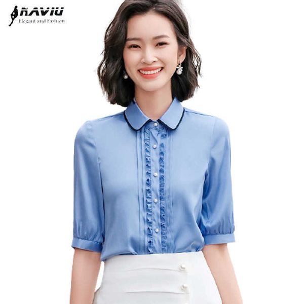 Azul Chiffon Camisa Mulheres Temperamento Ruffles Design Meia Manga Verão Moda Blusas Escritório Senhoras Trabalho Formal Tops 210604