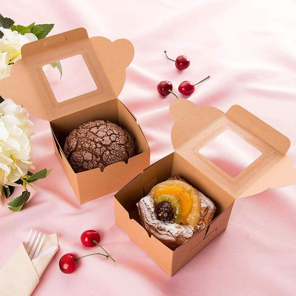 3 Größe Kraftpapier Kuchenbox mit Fenster Geschenk Verpackung für Hochzeit Home Party Weiße braune Kraftpapierkiste Großhandel