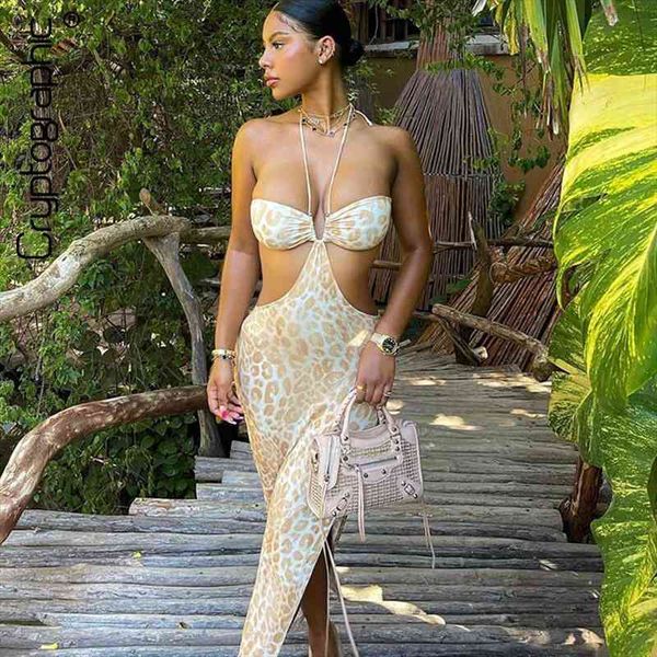 

leopard print v neck halter midi dress women party summer holiday backless sleeveless cut out dresses split, Black;gray