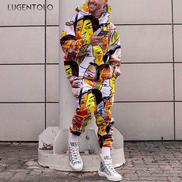 

men's tracksuits lugentolo men 2 piece set spring hooded long sleeve graffiti print casual youth loose pants street sets, Gray