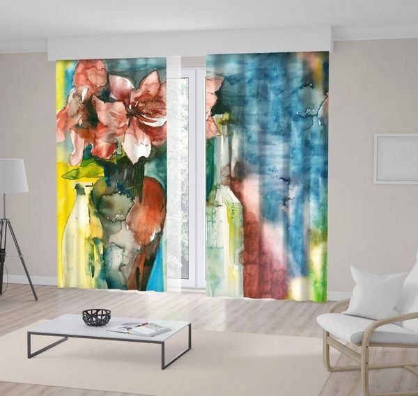 

curtain & drapes amaryllis bouquet and vace classic style watercolor artwork printed brown blue yellow