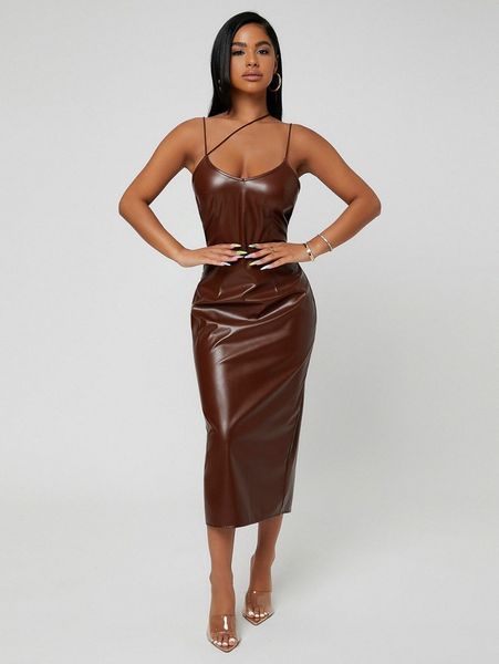 

sxy strap detail slit back pu leather cami dress z6lp#, Black;gray