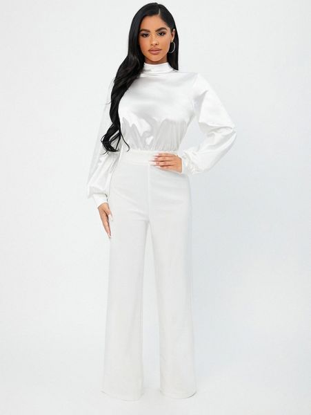 

sxy mock neck keyhole back jumpsuit u59r#, White