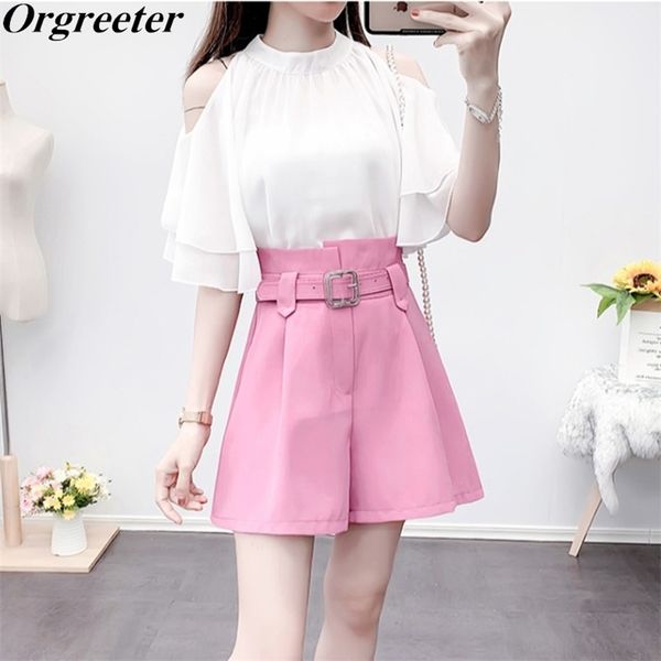 

elegant ol chiffon shirt shorts 2 pcs female summer butterfly sleeve strapless white blouse+ wide leg pants suits 210602