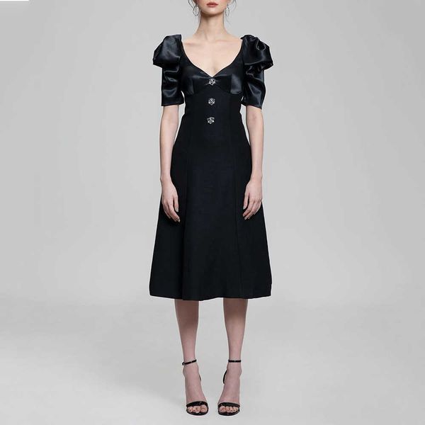 

women summer elegant fashion long dress black velvet short puff sleeve crystal button celebrity party 210527, Black;gray
