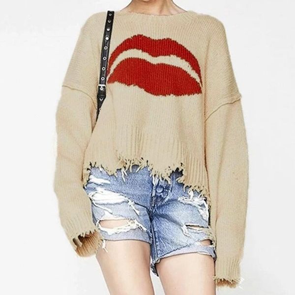 

sagace ladies winter sweater womens womens long sleeve lips knitted sweater oversized o-neck femme pullover blouse, White;black