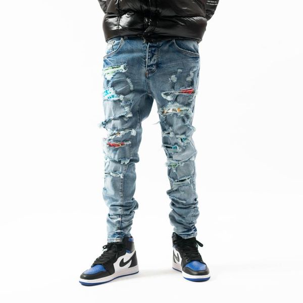 

men's jeans male high street knife heavy industry destroyed holes eroded patch patches washed old denim trousers beggar, Blue