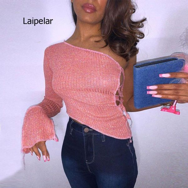 

women's t-shirt 2021 long sleeve one-shoulder bandage hollow out irregular tshirt autumn winter women party club outfits, White