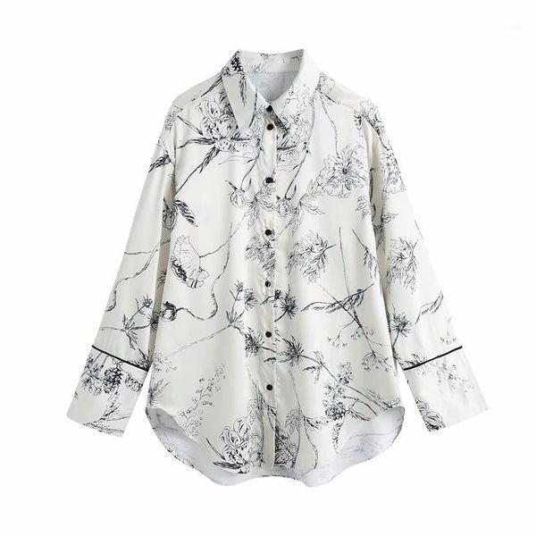 

women's blouses & shirts zxqj elegant women sketch print 2021 fashion ladies turn down collar satin streetwear female chic loose, White