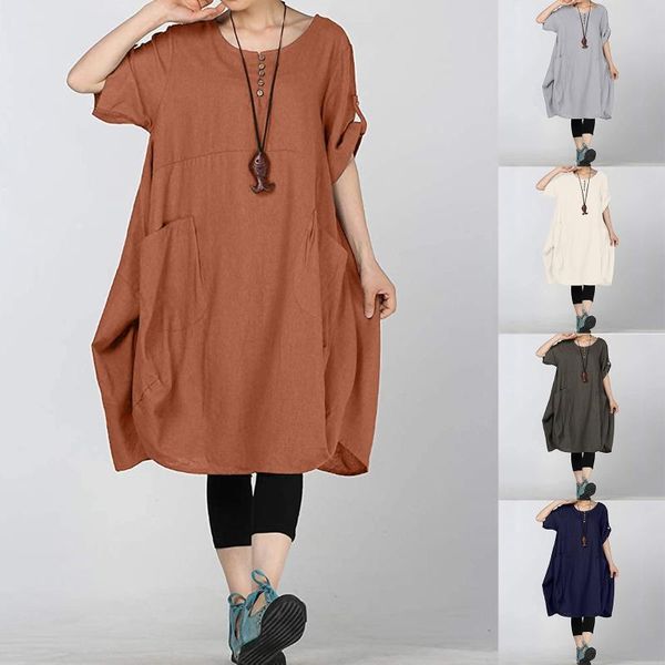 

casual dresses vestidos mujer verano 2021 summer dress women's linen t-shirt tunic brief round neck jurk short sleeve midi, Black;gray