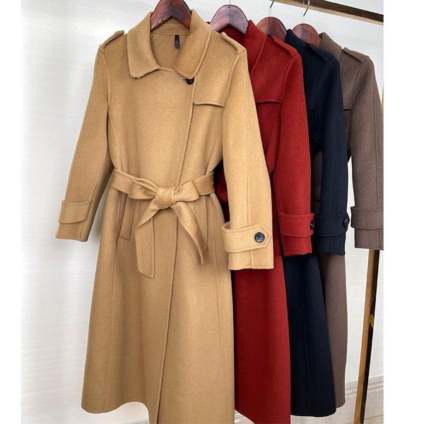 

women's wool & blends autumn coat women trench style long lace-up slim black 2021 winter double-sided 100% commuter