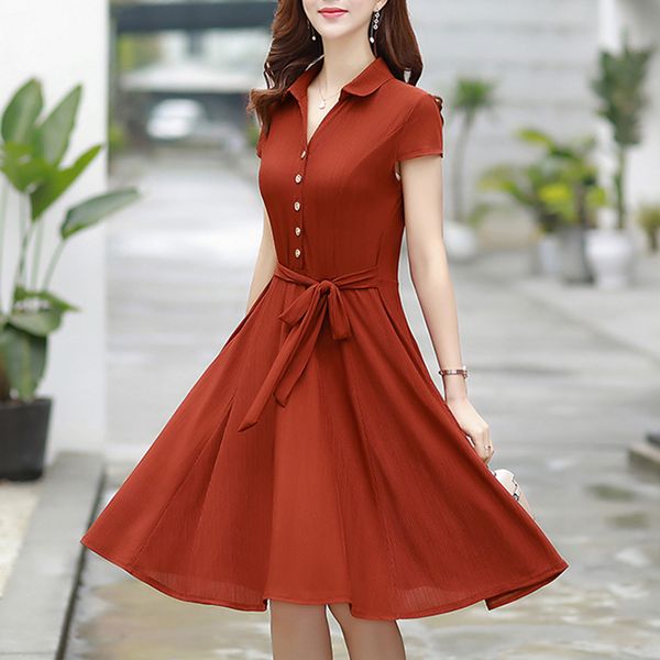 

2021 new elegant button down short sleeve satin shirt women casual summer high waist sash red midi ladies es navy blue c406 91s5, Black;gray
