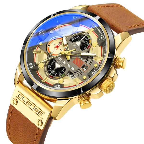 

wristwatches olense 2021 mens genuine leather watches blue light glass multifunction quartz watch military waterproof date chronograph clock, Slivery;brown