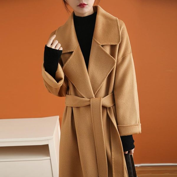 

women's wool & blends autumn and winter double faced cashmere coat middle long loose thickened black woolen european style