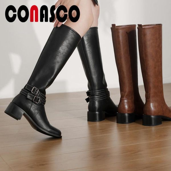 

boots conasco retro women knee high autumn winter warm cow leather casual party basic prom classic elegant shoes woman, Black