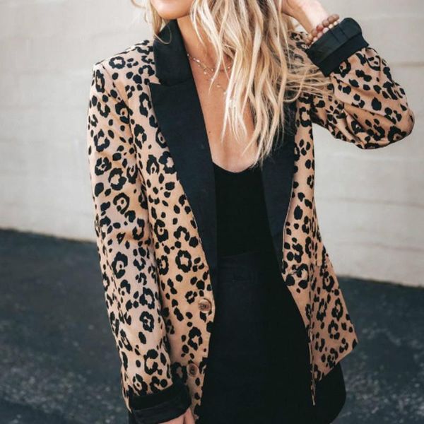 

women's jackets 2021 causal jacket long sleeve cardigans winter fashion casual leopard printed turn down collar women open stitch, Black;brown