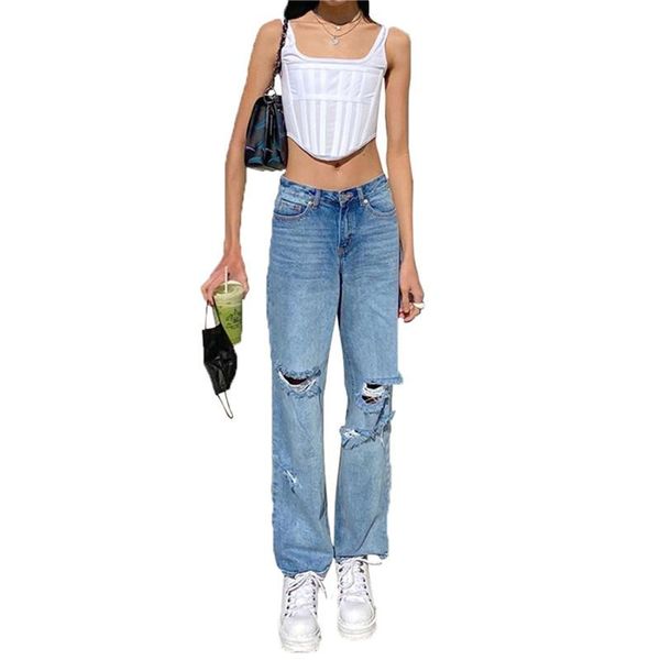 

women's jeans hirigin women ripped casual hole denim high waist blue wash trousers with pockets summer autumn straight jean pants