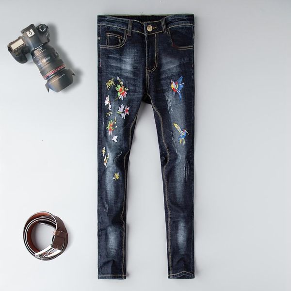 

2021 new designer clothes men jeans stretch destroyed hip hop jean homme distressed design men's slim for male pants embroidery 92p1, Blue
