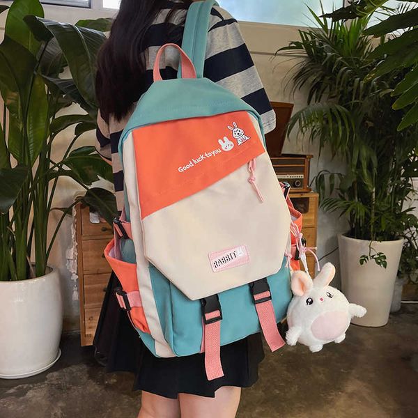 

2021 new casual women morandi color backpacks patchwork female large capacity travel bag waterproof schoolbag for teenager girls y0804