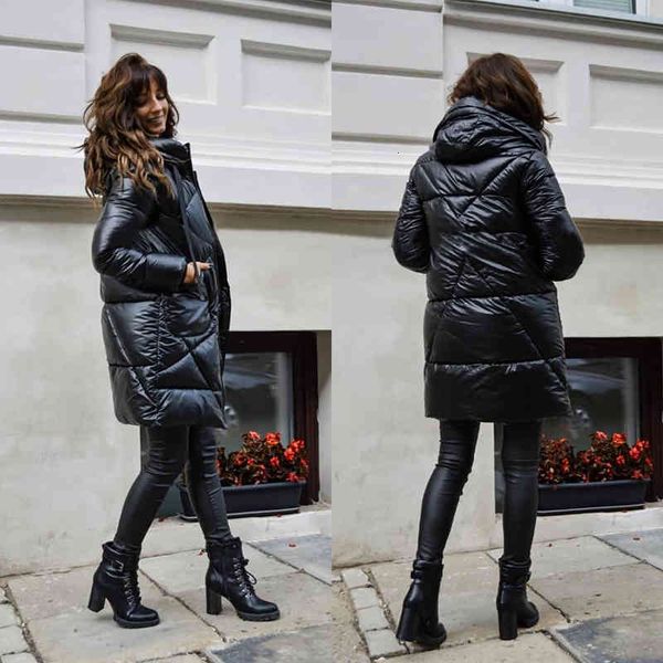 

women's jackets glossy black hooded parkas puffer jacket women winter y2k clothes midi bubble coats female solid color warm thick outer, Black;brown