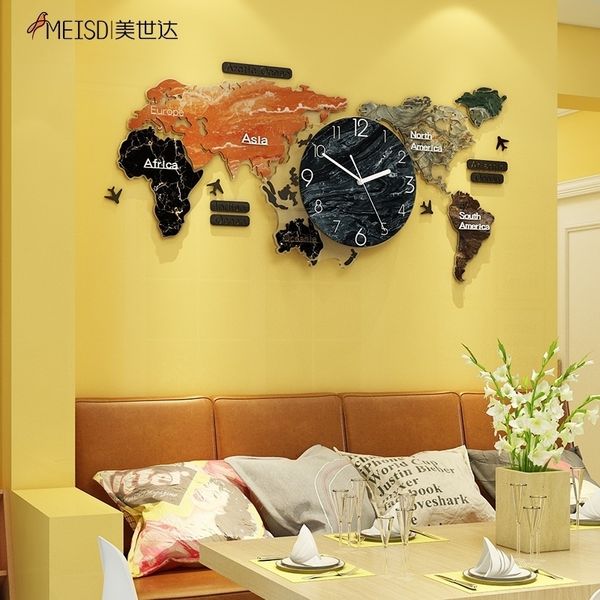 Meisd DIY Espelho adesivos Grande mapa do mundo separado relógio acrílico relógio moderno auto adesivo design novo horloge frete grátis 210310