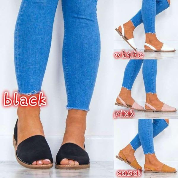

summer sandals women plus size flats female casual peep toe shoes faux suede slip on elastic band leisure solid footwear, Black