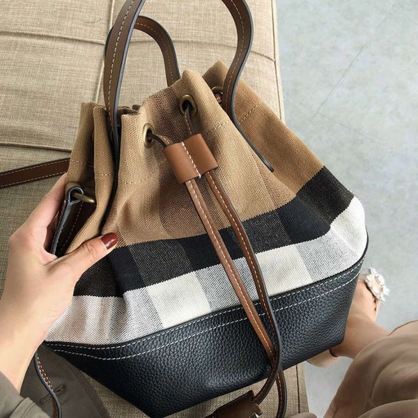 

2021 new fashion color matching plaid canvas with bucket single shoulder cross carrying portable women's bag