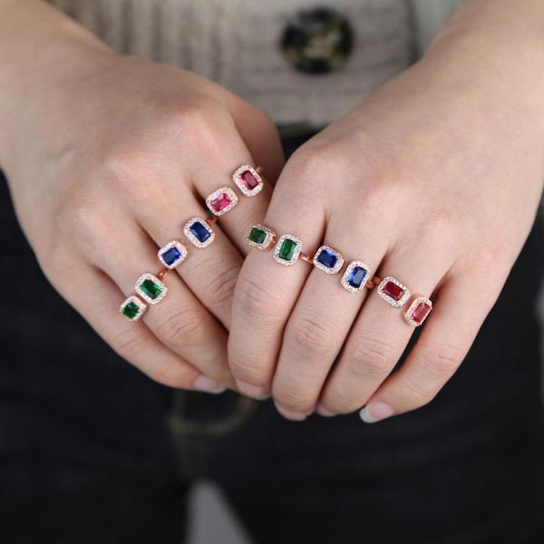 

cluster rings colorful cz birthstone open women ring rose gold blue red green colored cubic zirconia jewelry, Golden;silver
