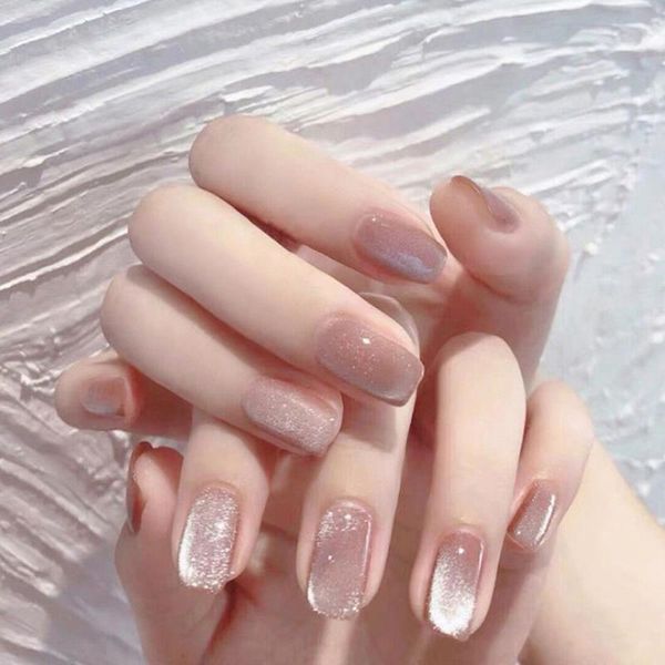 

false nails 24pcs/box cat eye potherapy nail patch wearable fake short press wedding for bride summer full cover, Red;gold