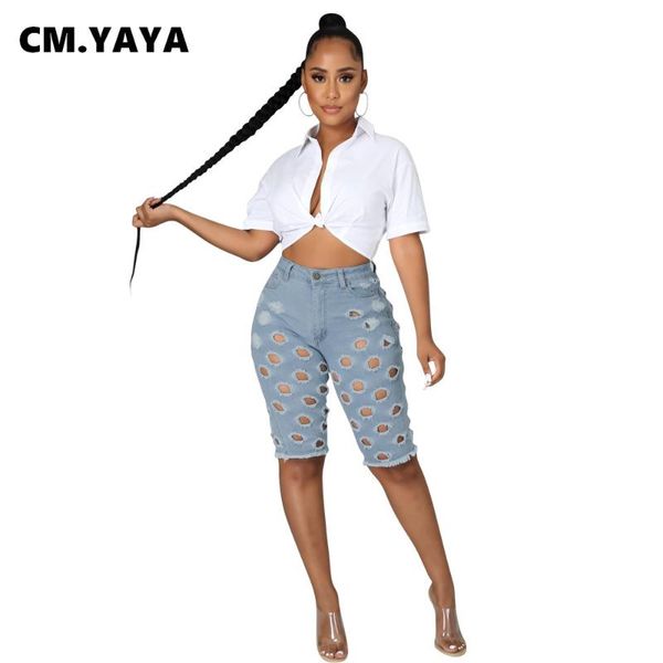 

women's jeans cm.yaya women distresses ripped mid waist zip pockets knee length denim shorts casual fashion high streetwear summer, Blue