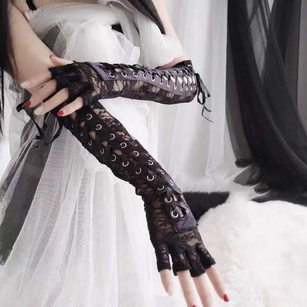 

five fingers gloves women floral lace elbow length half-finger black string ribbon ties up dance party fingerless fishnet mesh mittens, Blue;gray